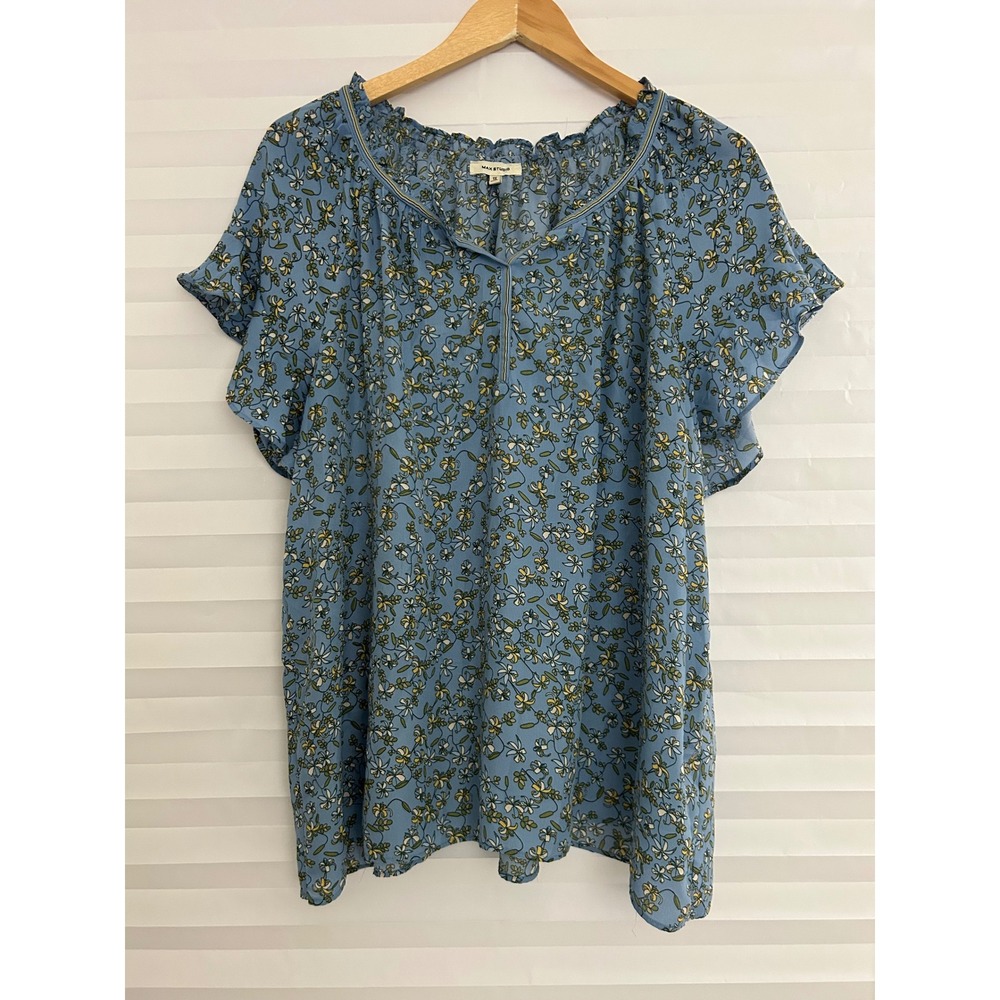 Max Studio Womens 1X Blue Floral Flutter Sleeve Ruffle Neck Boho Blouse Coquette